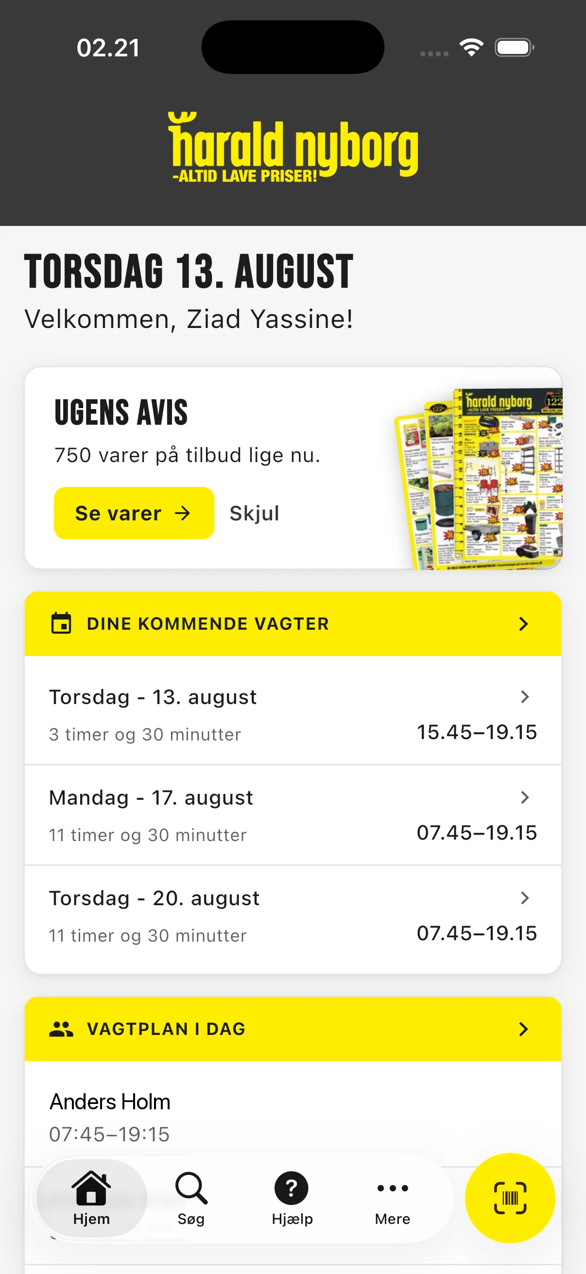 Forsiden i appen med dagens dato, ugens avis, medarbejderens kommende vagter og dagens vagtplan