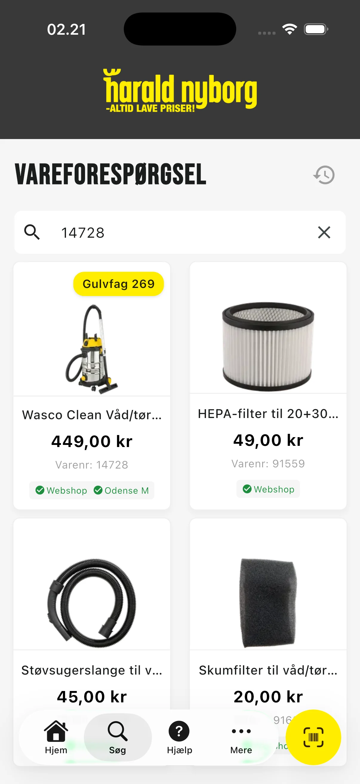 Varesøgningen i appen med resultaterne vist som et gitter af produkter
