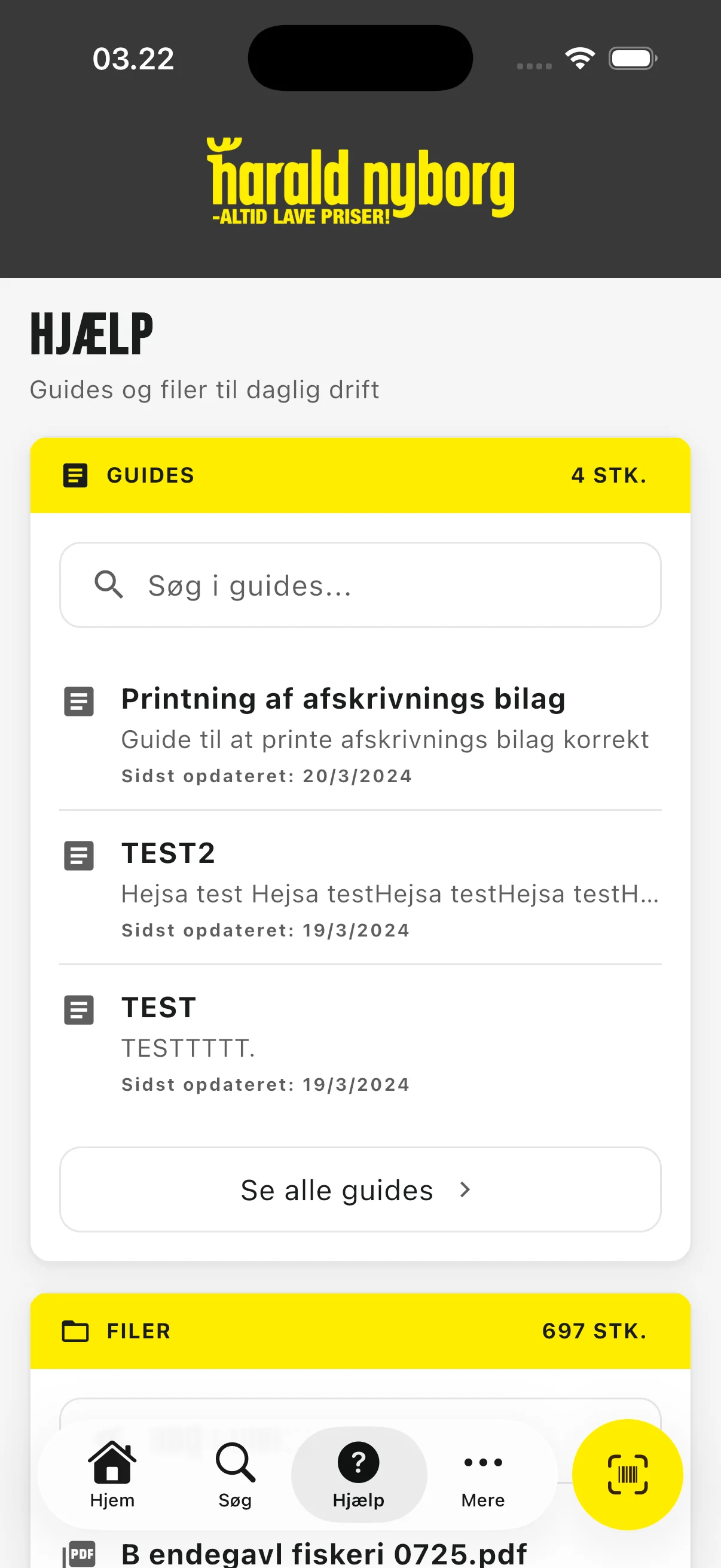 Hjælpesiden i appen med søgbare guides og filer til daglig drift