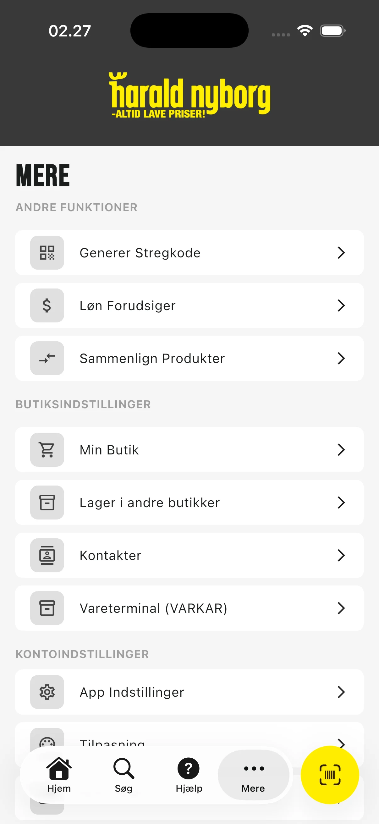 Mere-menuen i appen med funktionerne: generer stregkode, løn forudsiger, sammenlign produkter, min butik, lager i andre butikker, kontakter og vareterminal