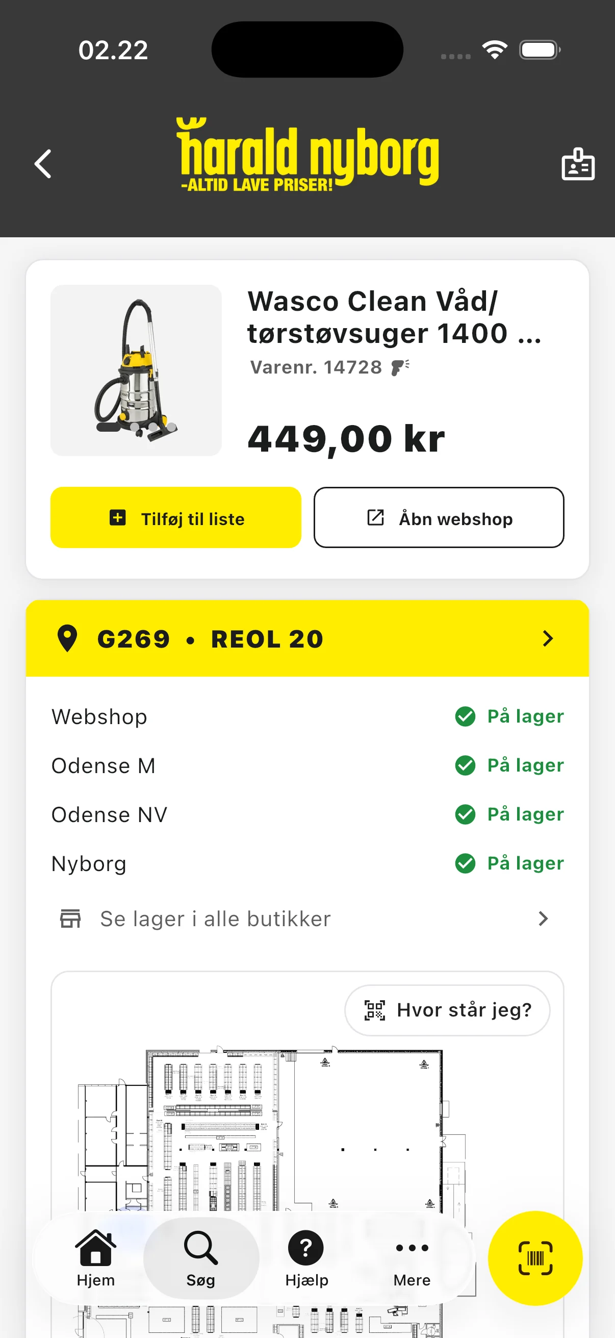 En fundet vare i appen med pris, varenummer, lokation i butikken og lagerstatus i de nærmeste butikker