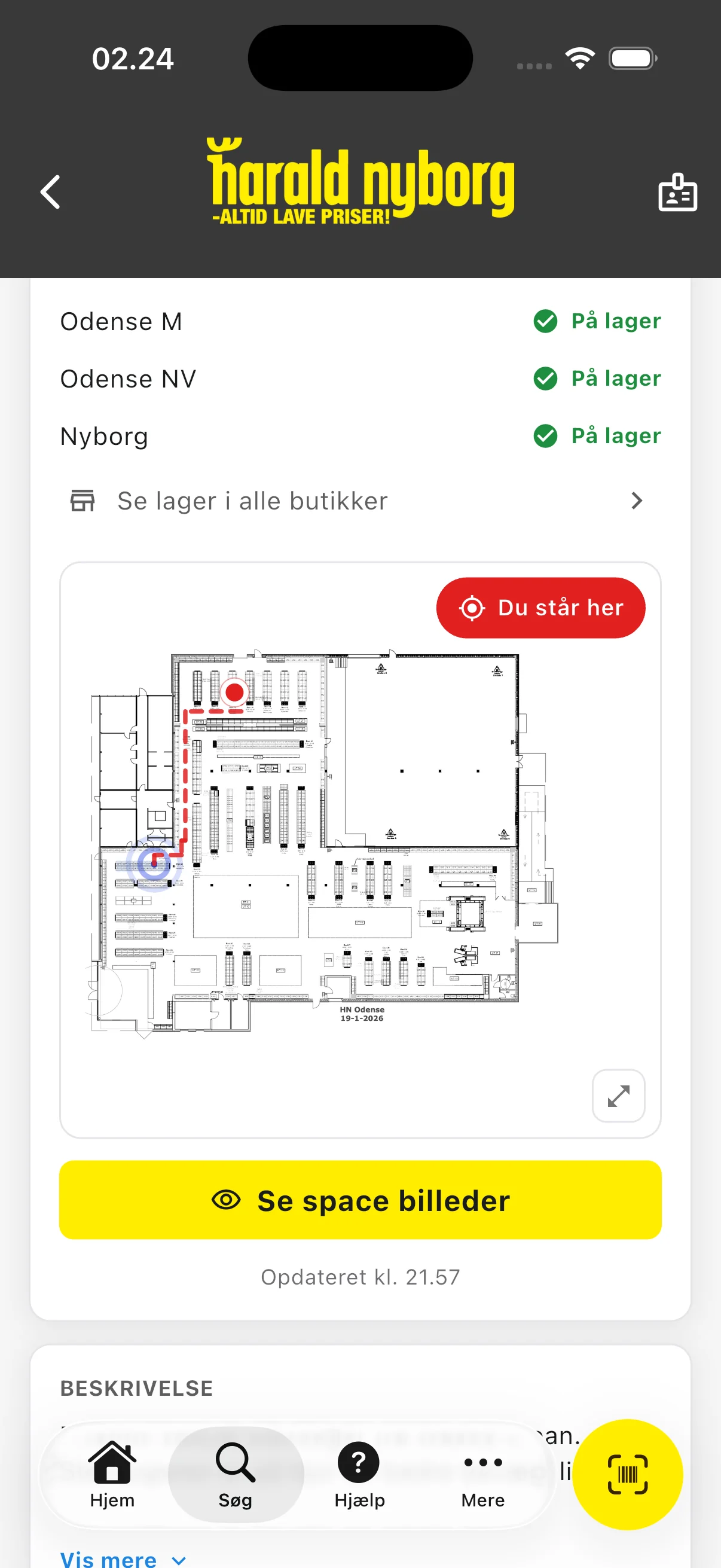 Butikskortet i appen med ruten tegnet fra medarbejderens position hen til varens reol