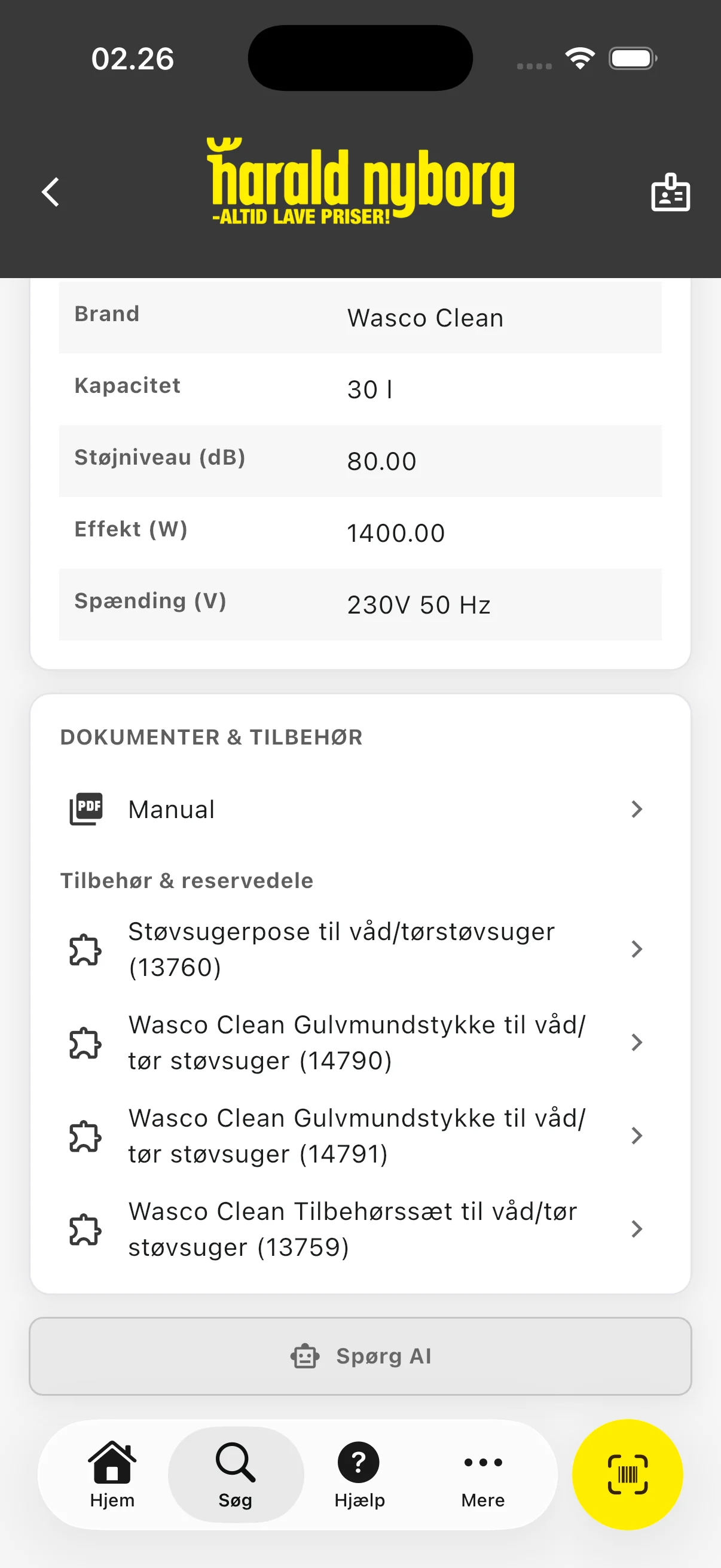 En vares specifikationer i appen med kapacitet, støjniveau, effekt og spænding, og en liste over tilbehør og reservedele