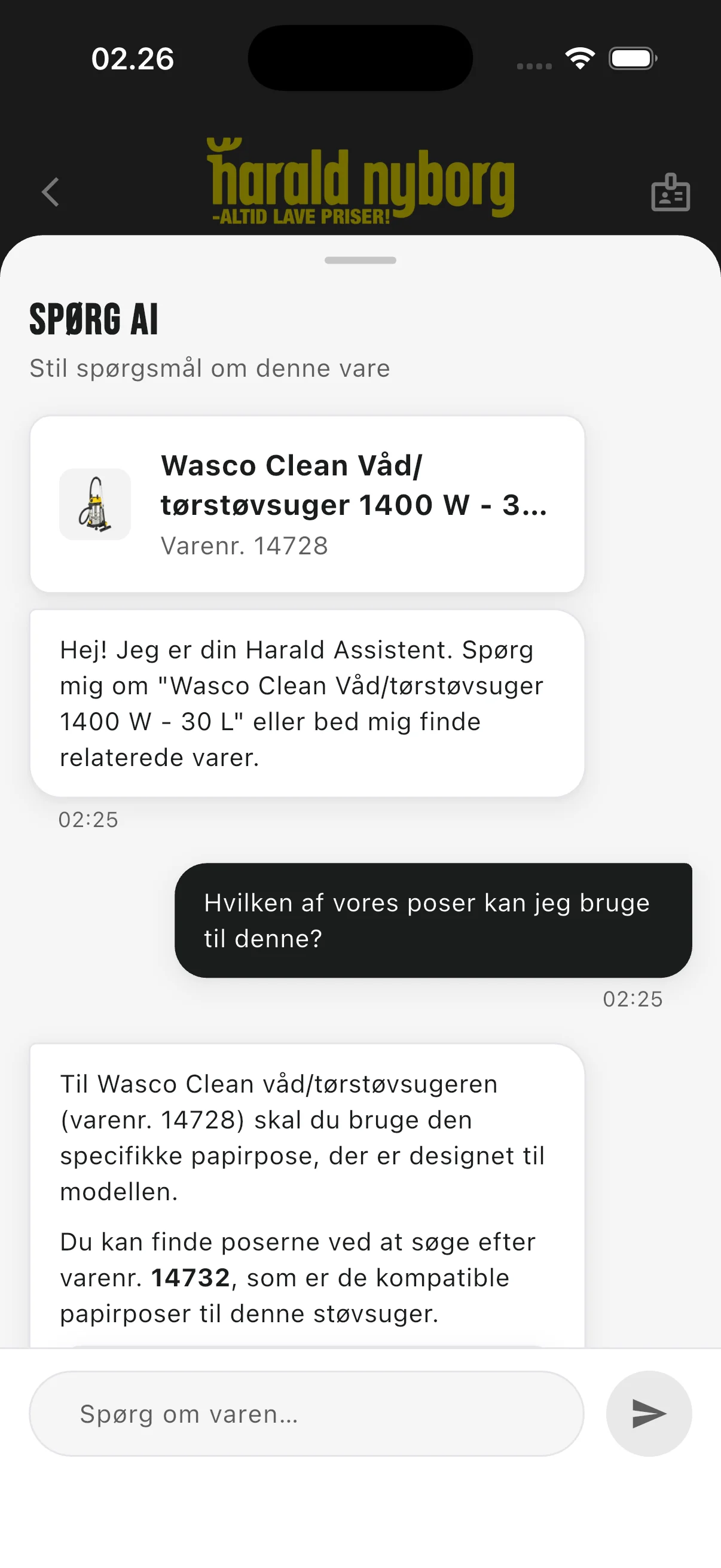 Spørg AI i appen, hvor et spørgsmål om en vare er besvaret med henvisning til varen