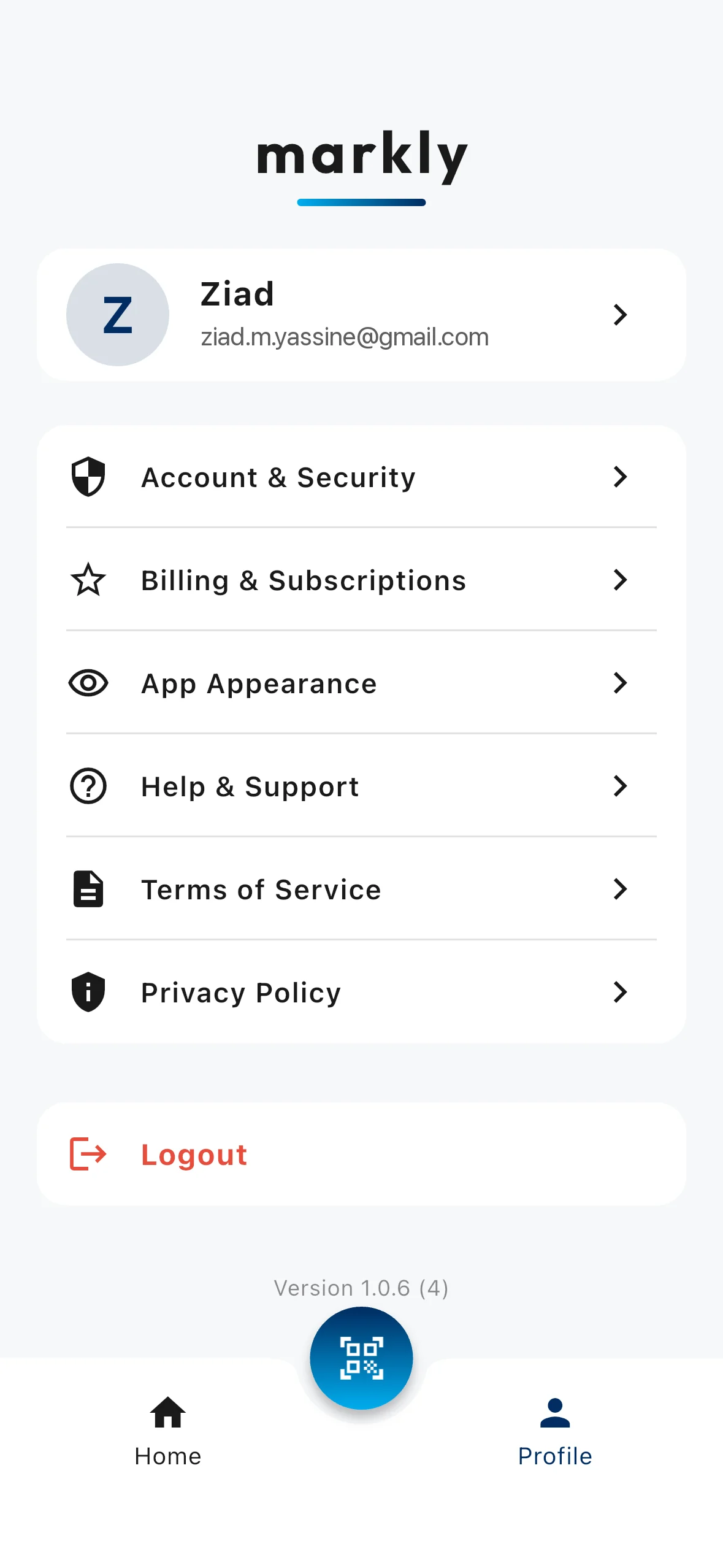 Profilen i Markly med konto og sikkerhed, abonnement og betaling, udseende, hjælp, handelsbetingelser og privatlivspolitik